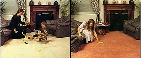 Two images of the same room, showing the carpet colour before and after rejuvenation.